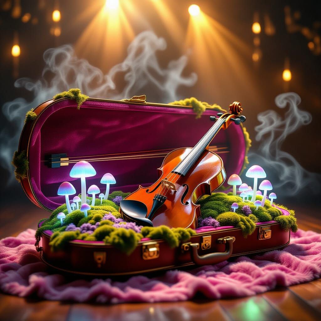 Violin Box Aglow with Magical Moss and Mushrooms