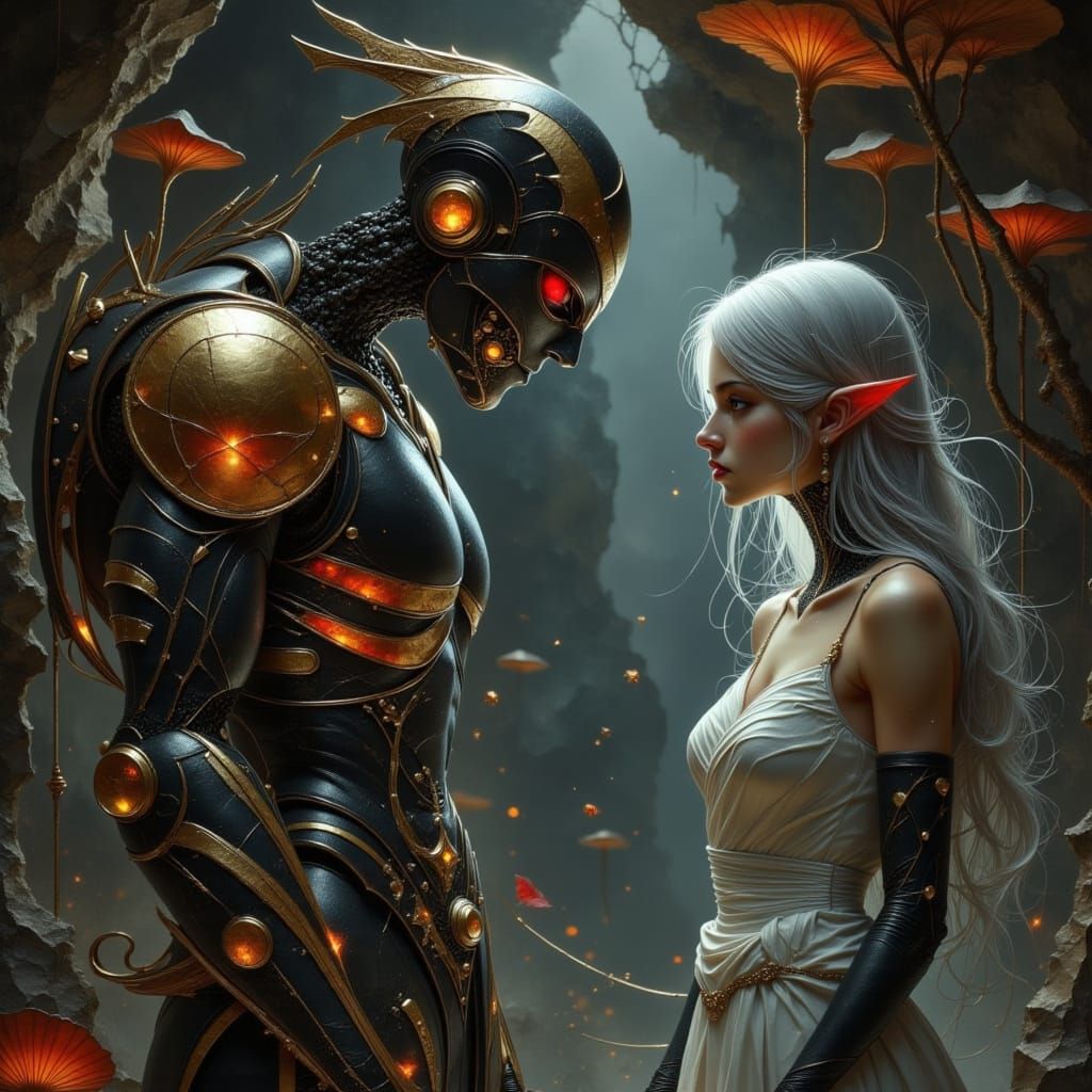 Drow Robot vs. Elven Witch in Dark Cave Oil Painting