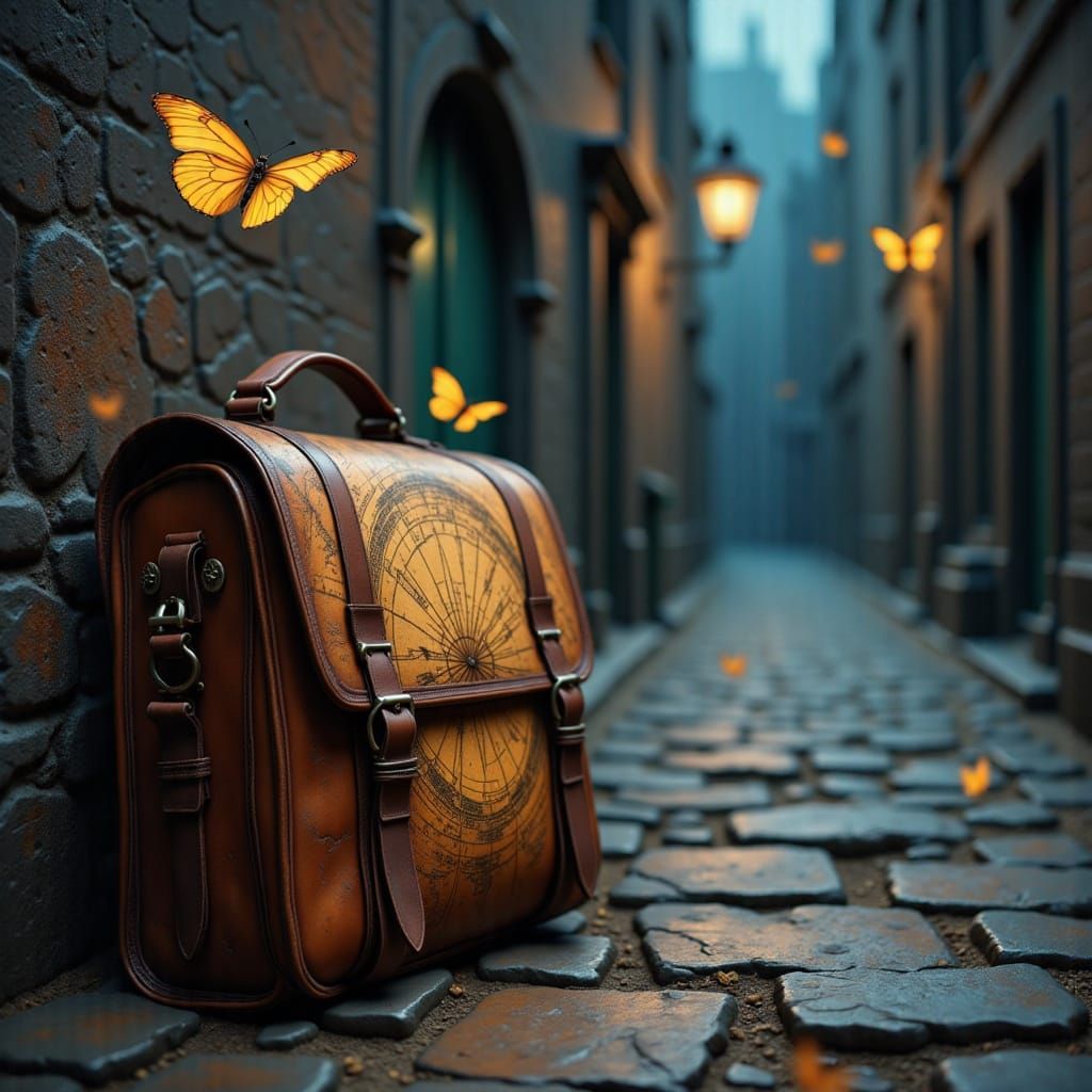 A weathered leather satchel, adorned with faded celestial maps, rests on ancient cobblestones in a moonlit alleyway. Del...