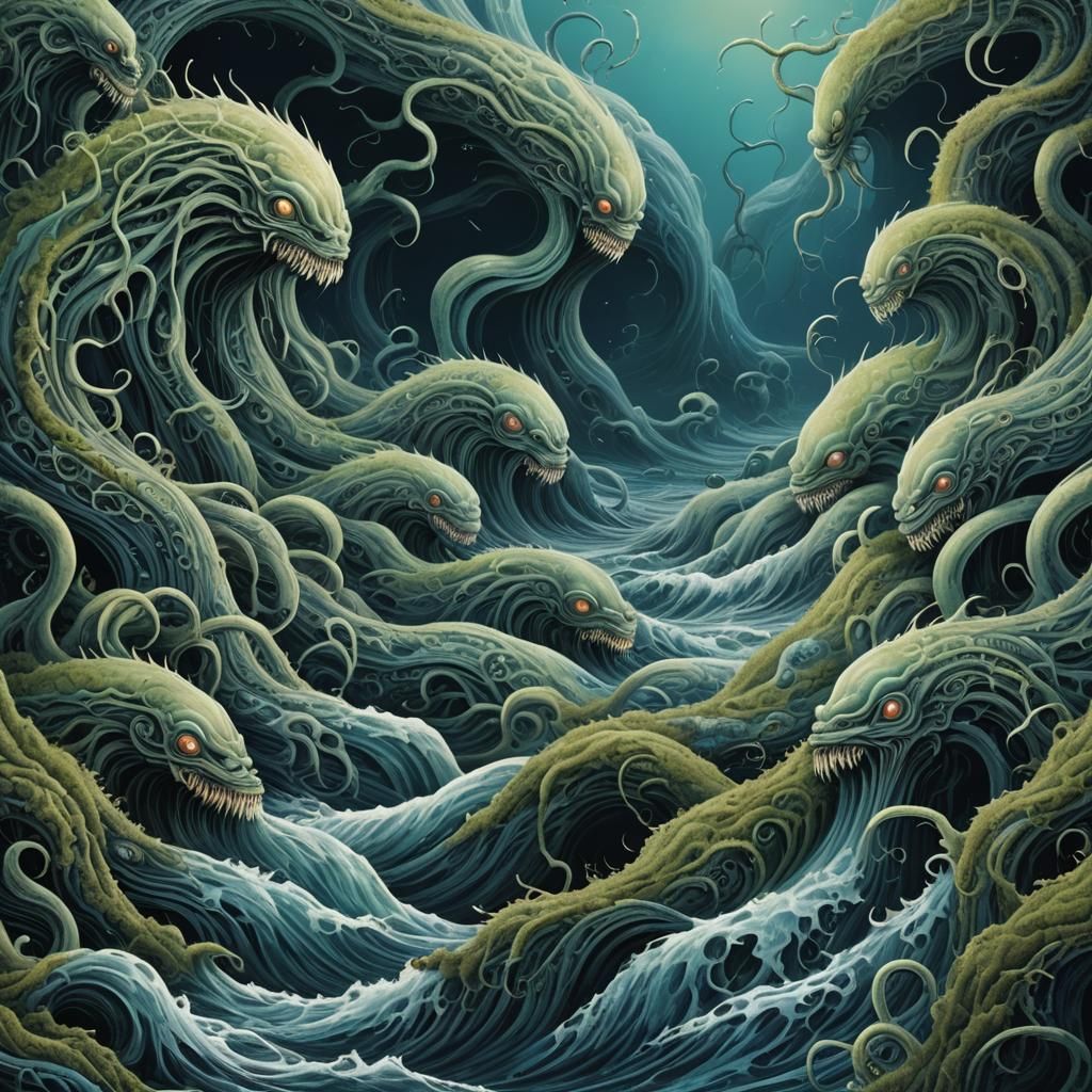 Monsters Swimming in a Wave in Surrealist Style
