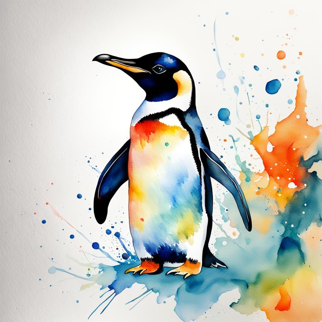 Abstract Watercolor Penguin with Fine Details