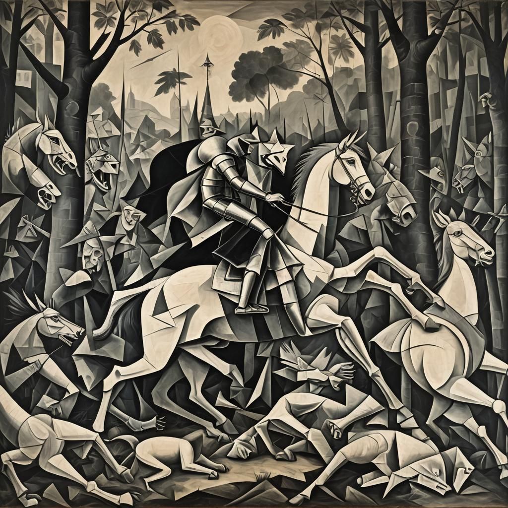 Knight Defending Forest in Cubist Style