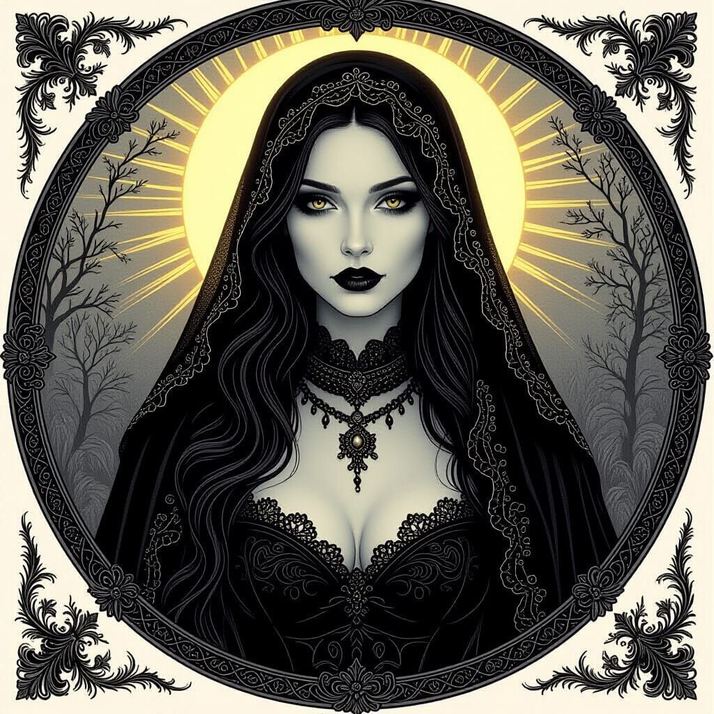 Intricate Baroque Charcoal Drawing of Raven Queen