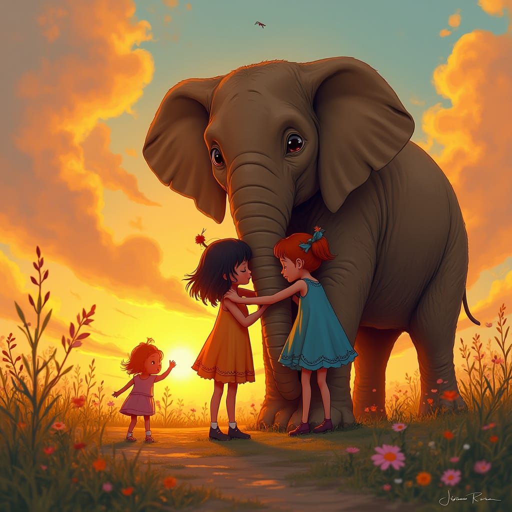 Children Embrace Elephant in Golden Sunset Light