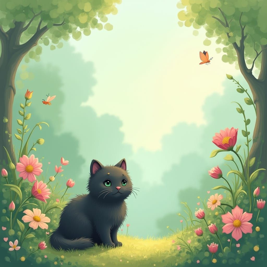 Whimsical Cartoon Landscape With Fluffy Cat And Butterflies