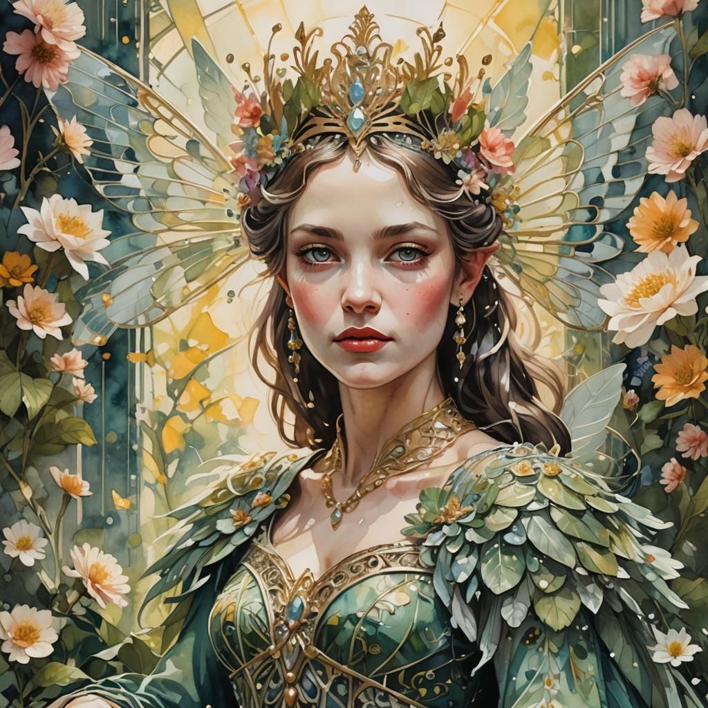 Regal Faerie Queen Portrait in Art Deco Style