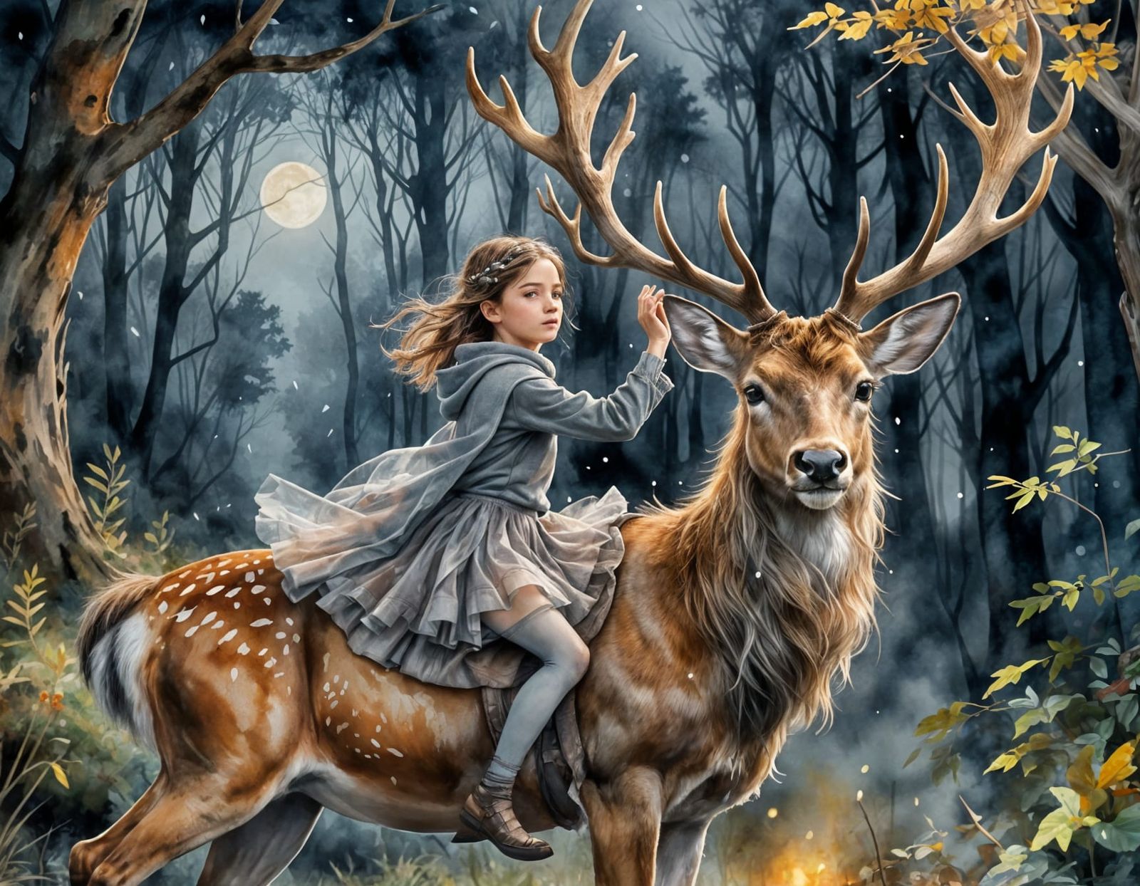 Girl Rides Mystical Deer in Enchanted Forest