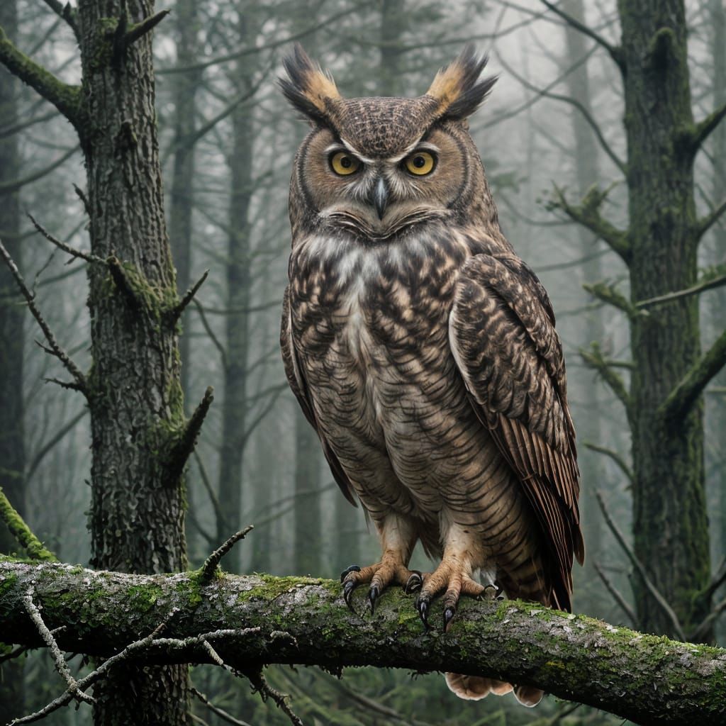 Great Horned Owl in Misty Forest: Photo-Surrealism