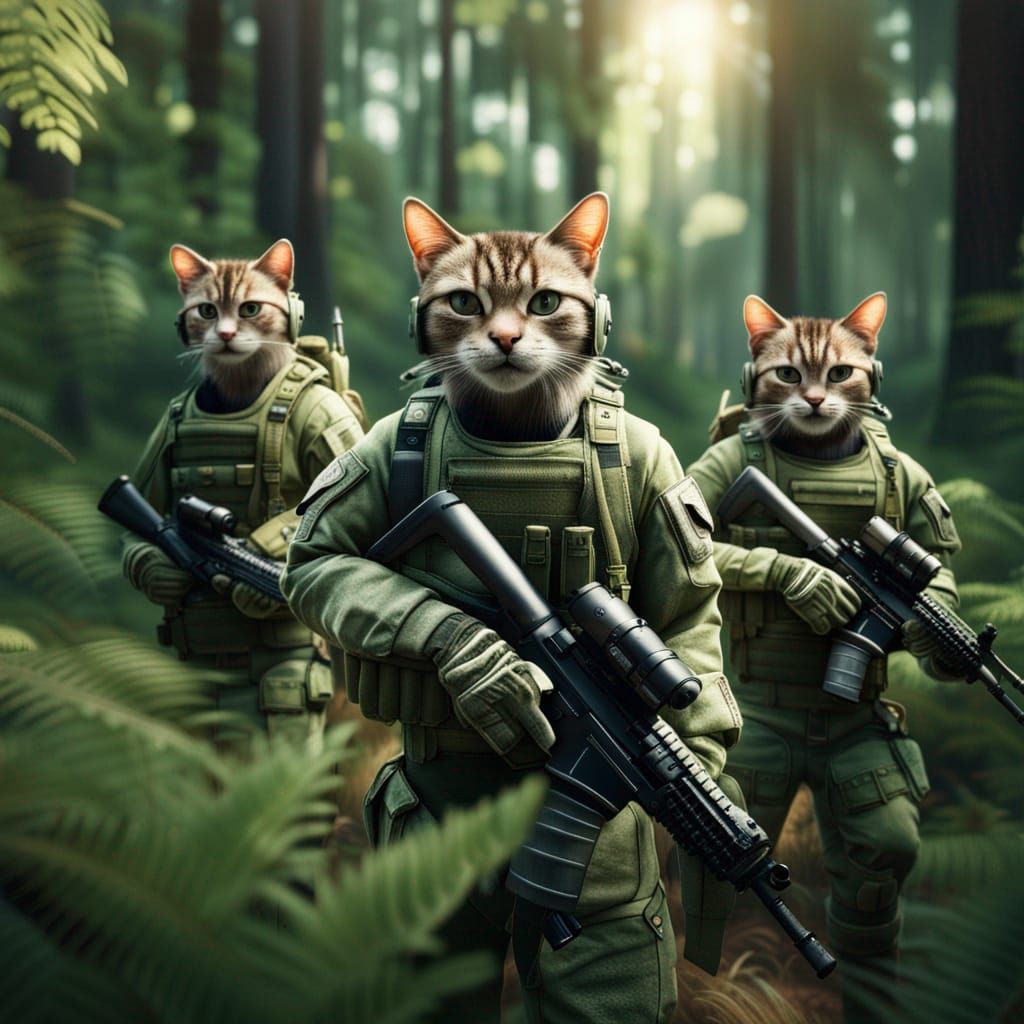 Anthropomorphic Cats in Tactical Gear in Forest