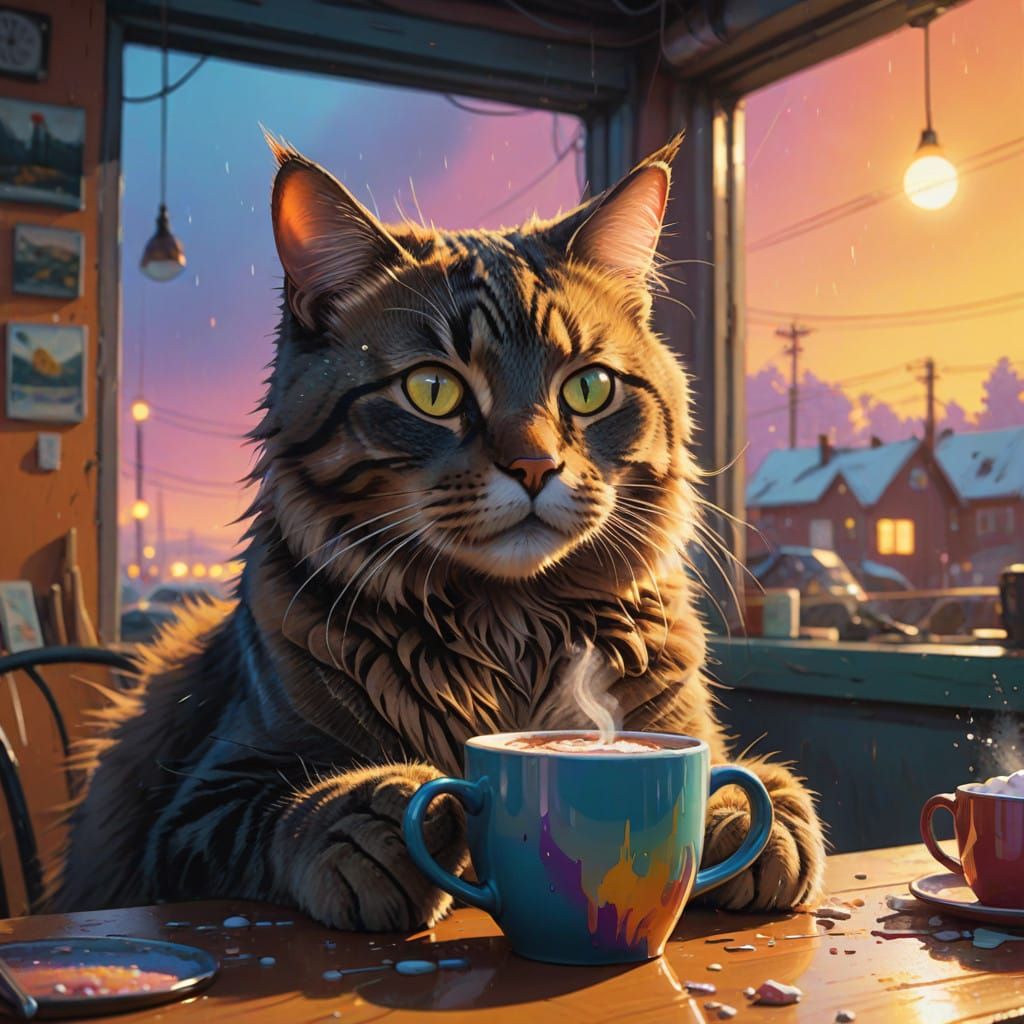 Futuristic Whiskered Feline Admires Hot Cocoa