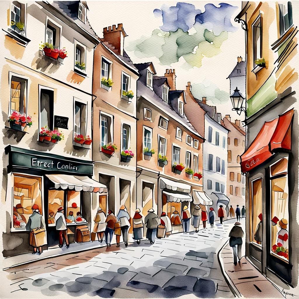 European Watercolor Street Scene with Charming Neighborhood...