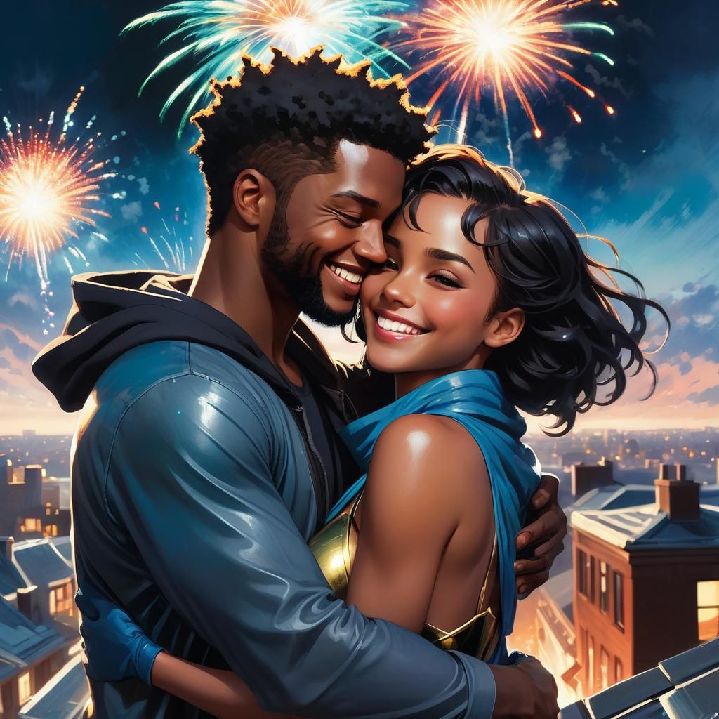 Comic Book Lovers Embrace Under Fireworks