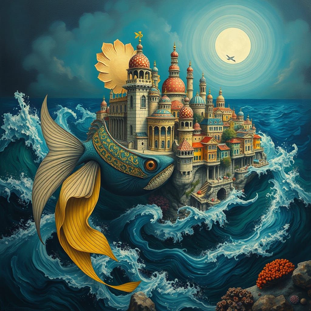 Surreal Human-Fish Hybrid in Gaudi Coral City