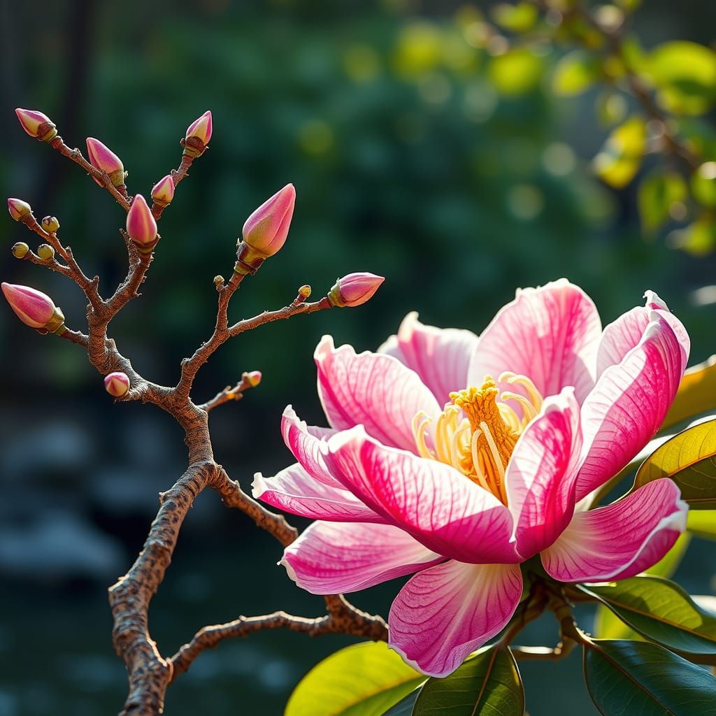 Photorealistic Ikebana: Ancient Branches with Spring Buds an...