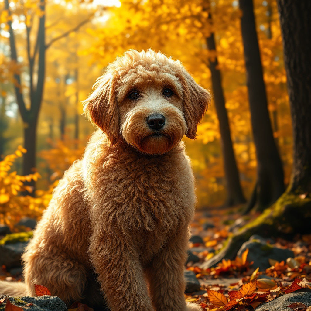 Goldendoodle in Fall Forest, Digital Matte Painting