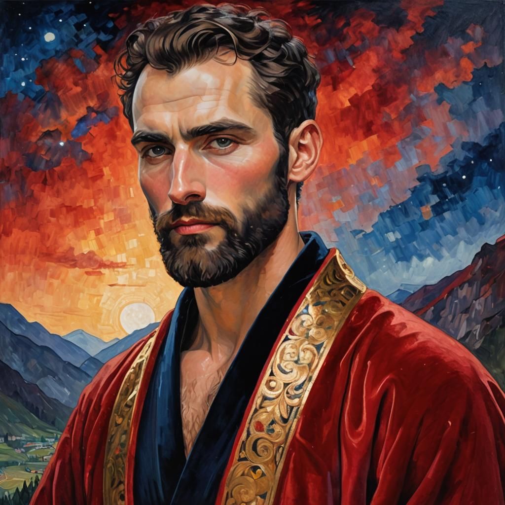Elegant Man in Red Velvet Robe, Set Against Majestic Mountai...