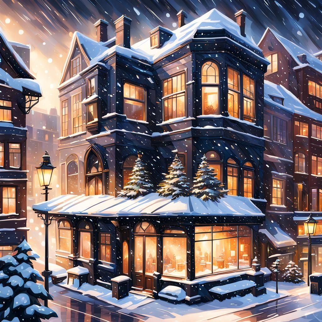 Snowy Night Cityscape in Matte Painting Style