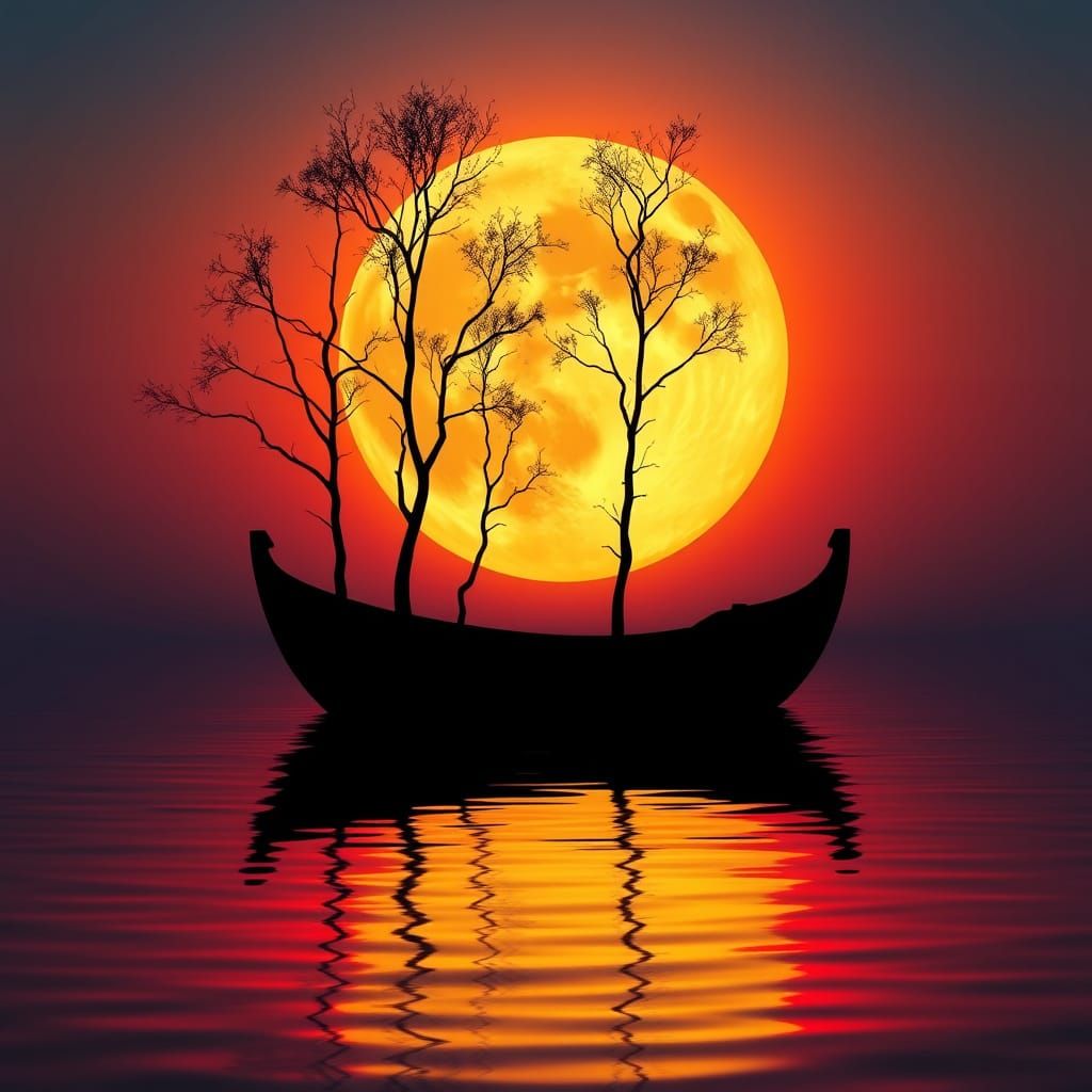 Surreal Boat Under Glowing Moon with Fiery Reflections