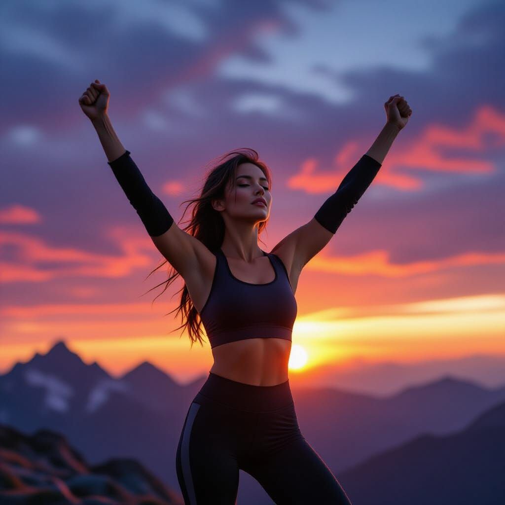 Victorious Woman on Mountain Peak at Sunrise
