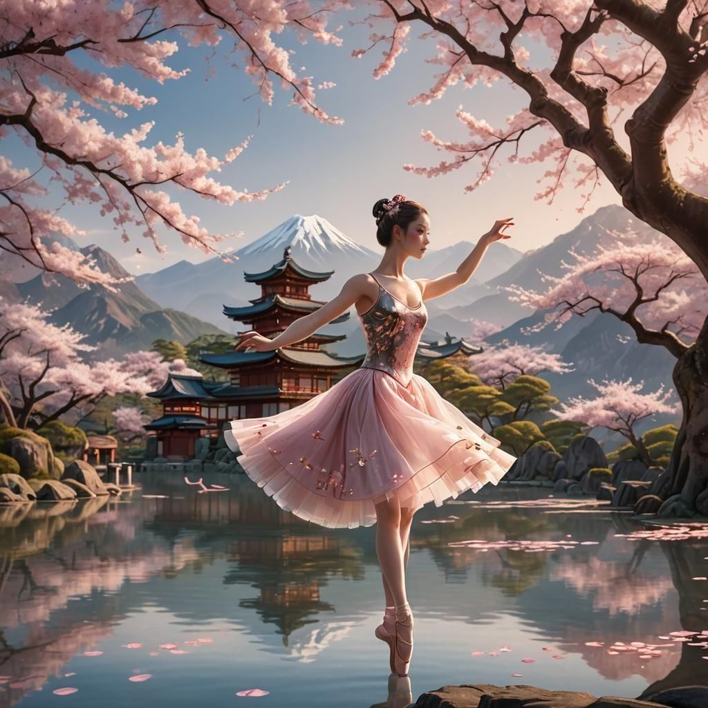 Ballerina and Sakura Tree in 3D Anime Style