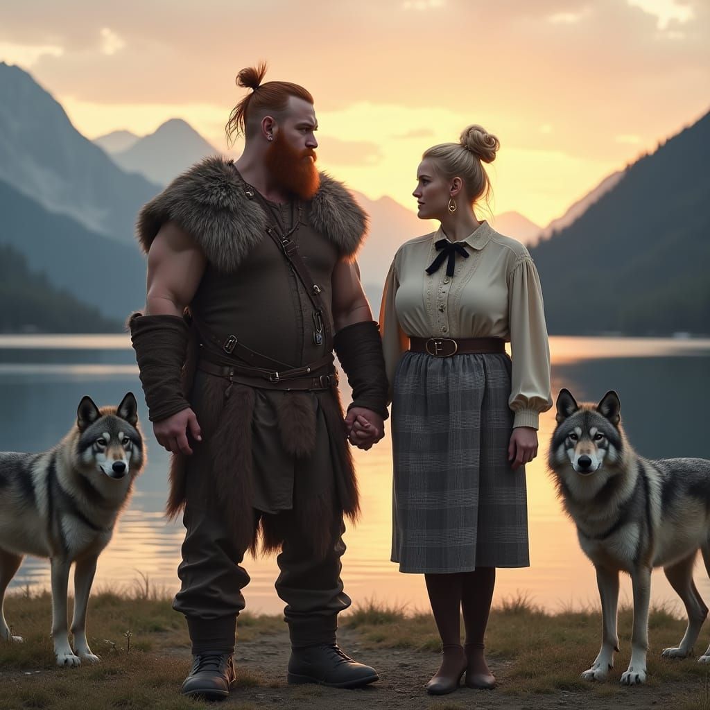 Viking Couple with Wolves by Lake at Sunset