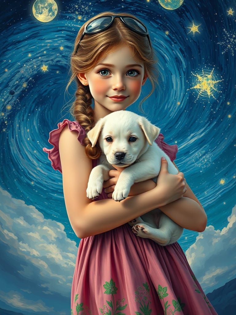 Starry Night Girl Holding White Puppy in Summer Dress