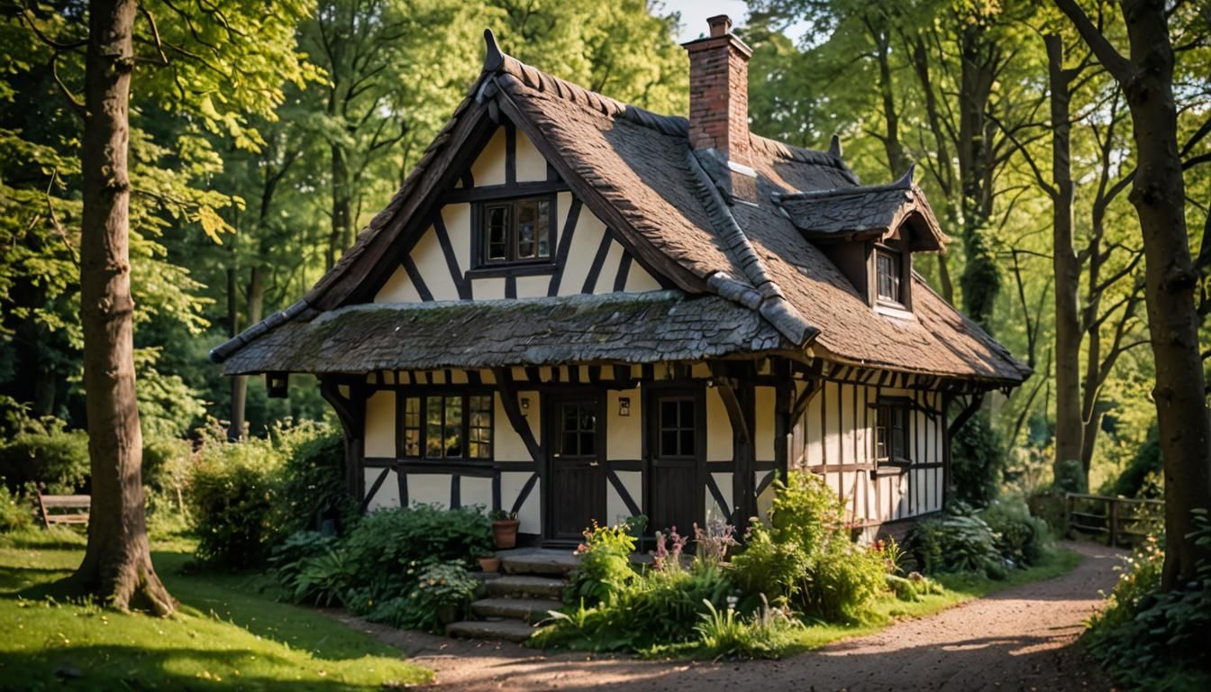 Quaint Half-Timbered Cottage in Woods: Photography