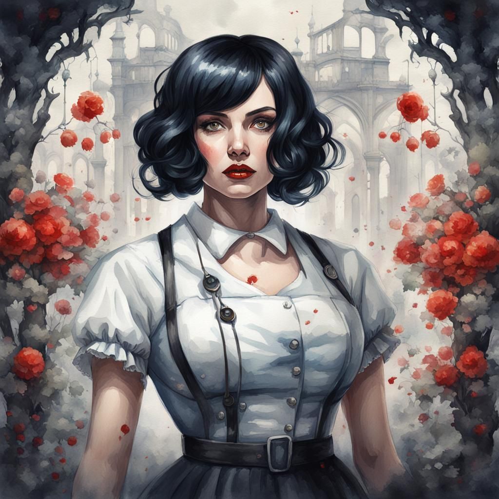 Gothic Woman in Nurse Outfit: Watercolor Art