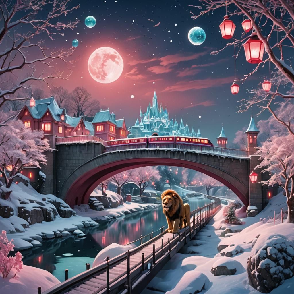 Snow Village with Lion Face in Art Nouveau Style