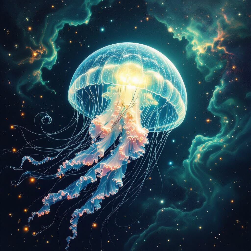Bioluminescent Jellyfish Drifting Through Emerald Nebulae