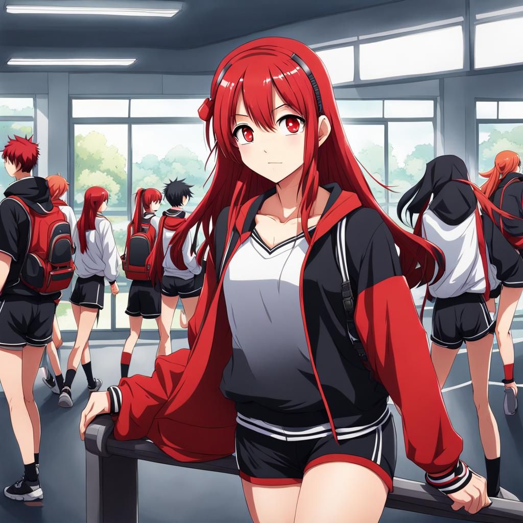 Anime Schoolgirl with Red and Black Hair
