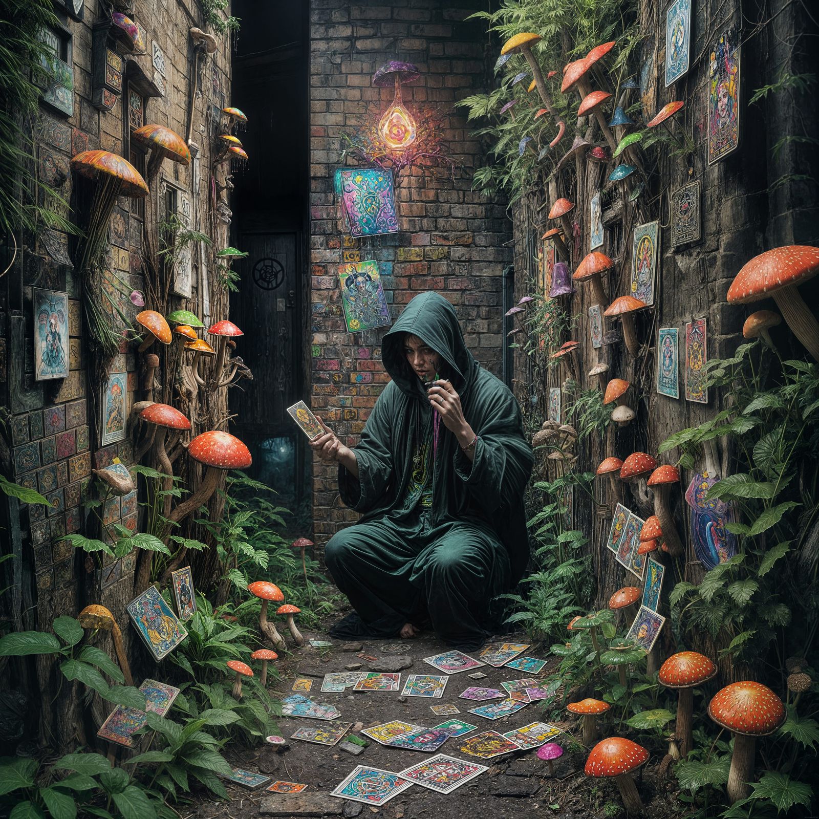 Occult Tarot with Mushrooms and Weed in Graffiti Art