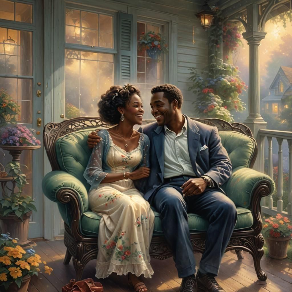 Laughing Couple on Porch in Fantasy Style