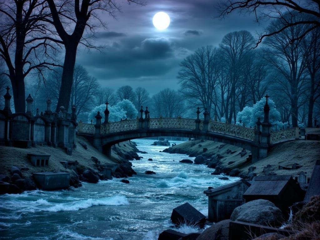 Ancient Bridge Amidst Haunted Cemetery Under Moonlit Sky