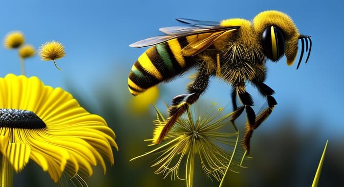 Alebrije-Style Bee on Dandelion in Hyperreal Detail
