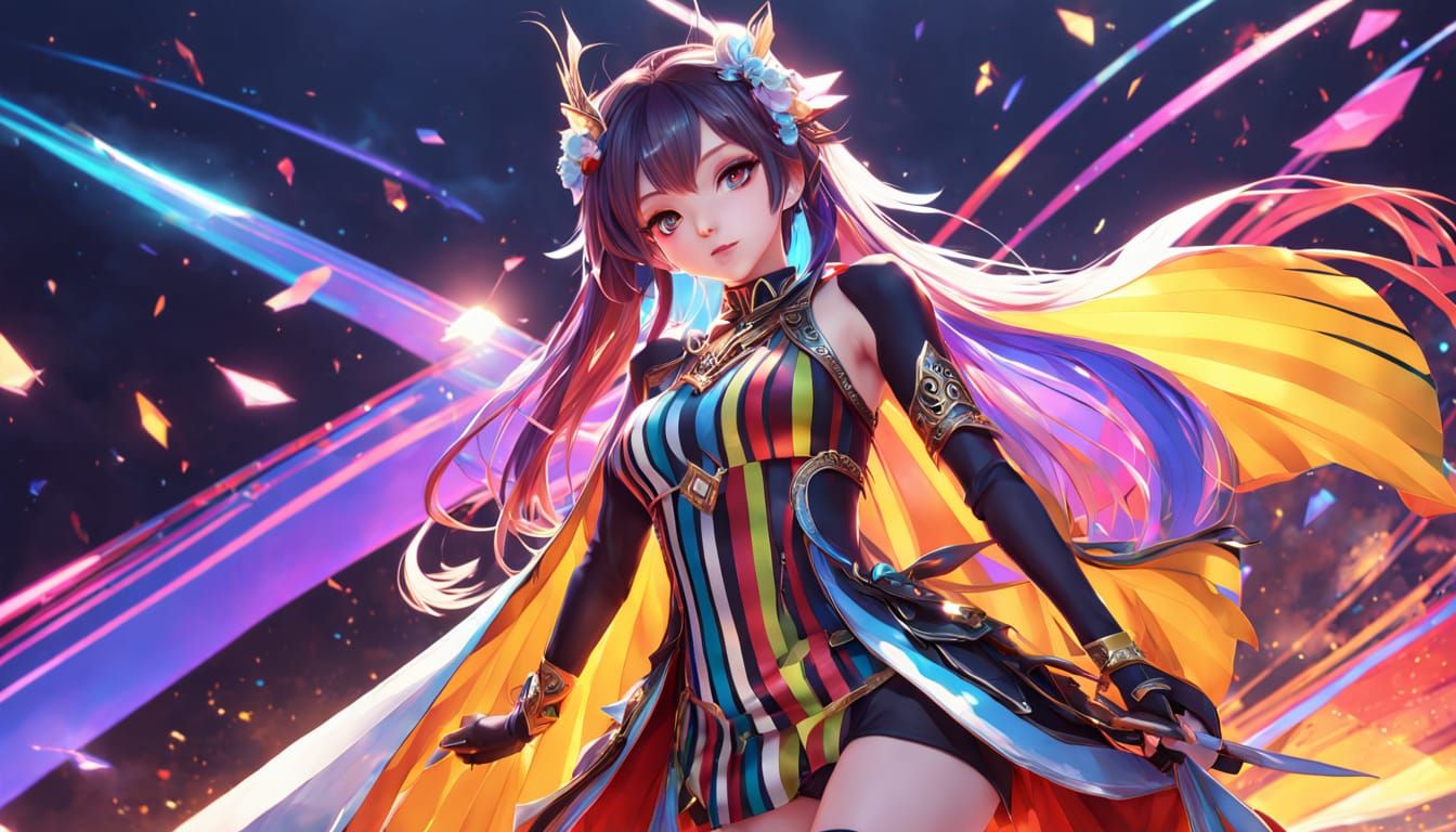 Vibrant Anime-Inspired Woman in Striped Outfit
