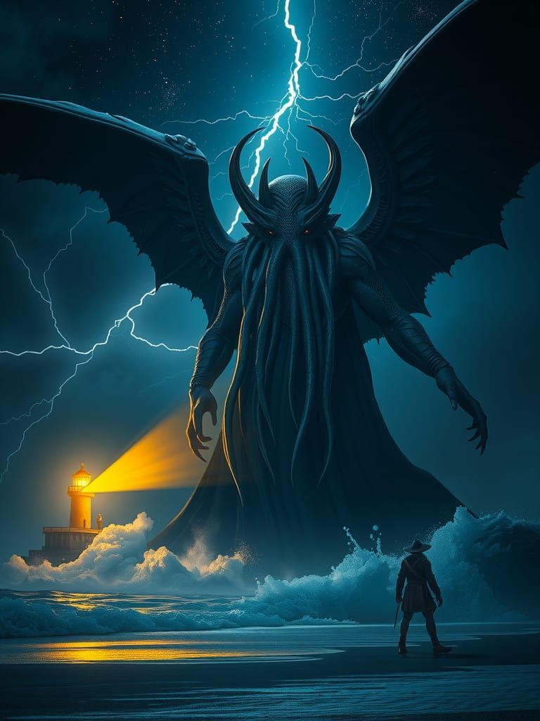 Colossal Kraken Figure Strides Through Stormy Night