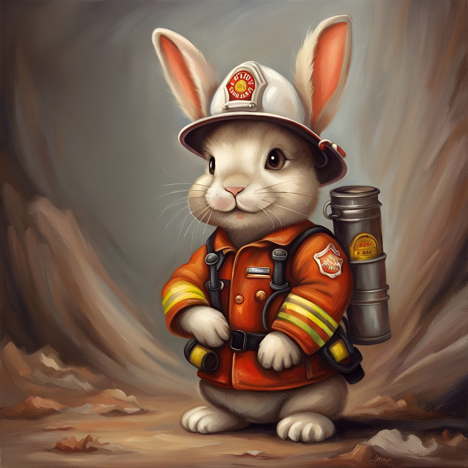 Cute Firefighter Bunny Rabbit Oil Painting