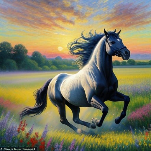 Majestic Horse Galloping Under Impressionistic Sky