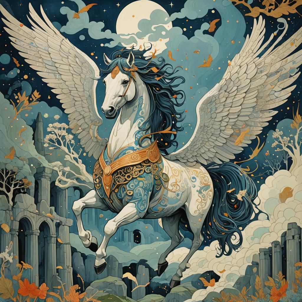Pegasus Soars Above Stonehenge: Oil Gouache Painting