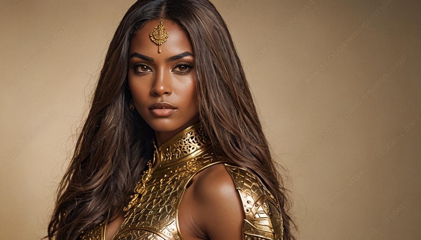 Confident Warrior Woman in Gold Armor Portrait