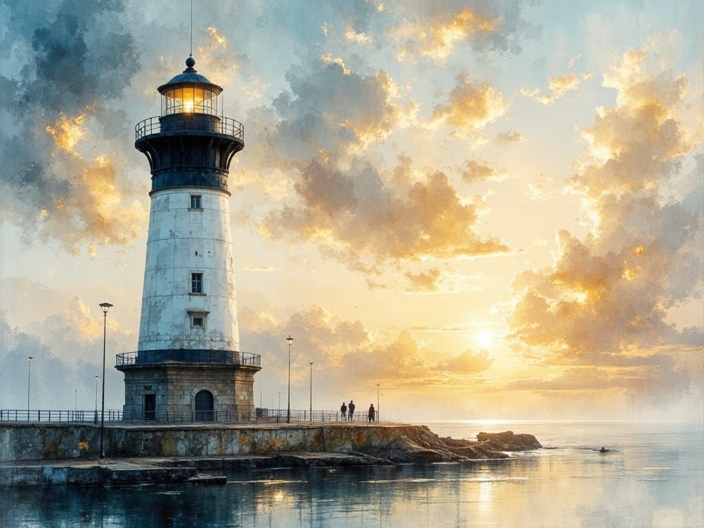 Lighthouse at Sunset in Watercolour Style