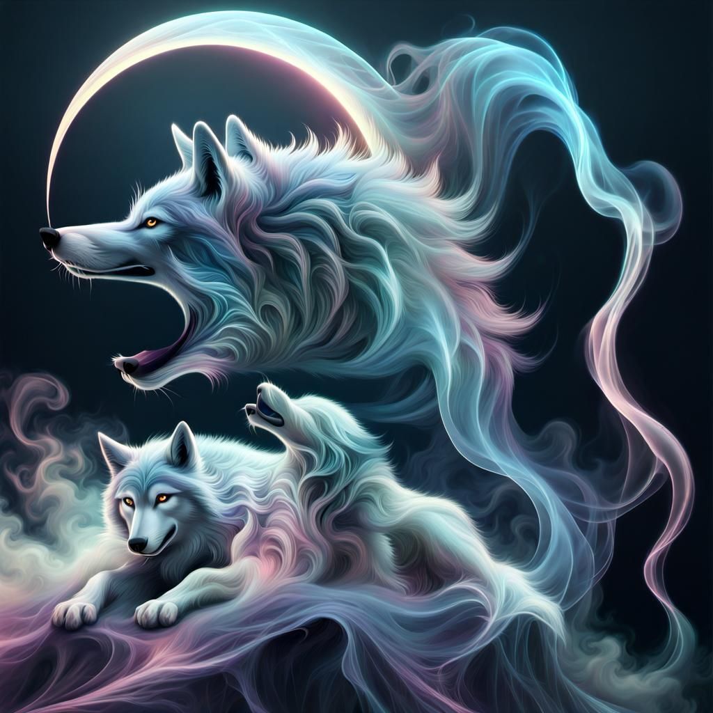 Ethereal Phantom Wolf Howling at Moon, 3D Render