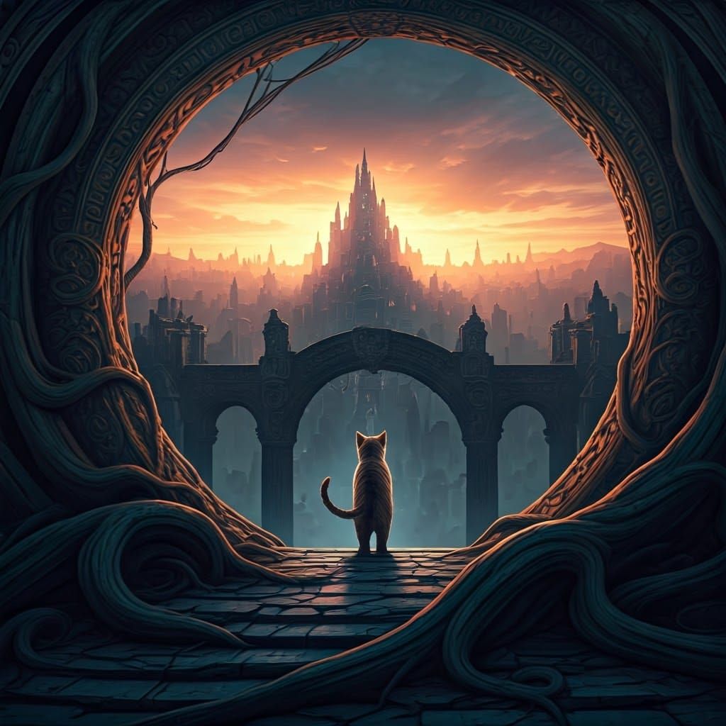 Mystical Cactus at Metropolis Sunset in Celtic Style