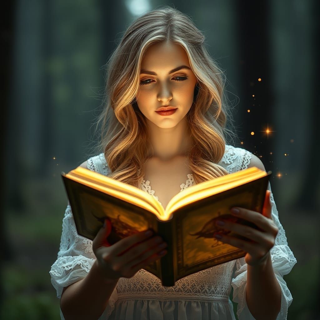 Woman with Glowing Book in Magical Forest