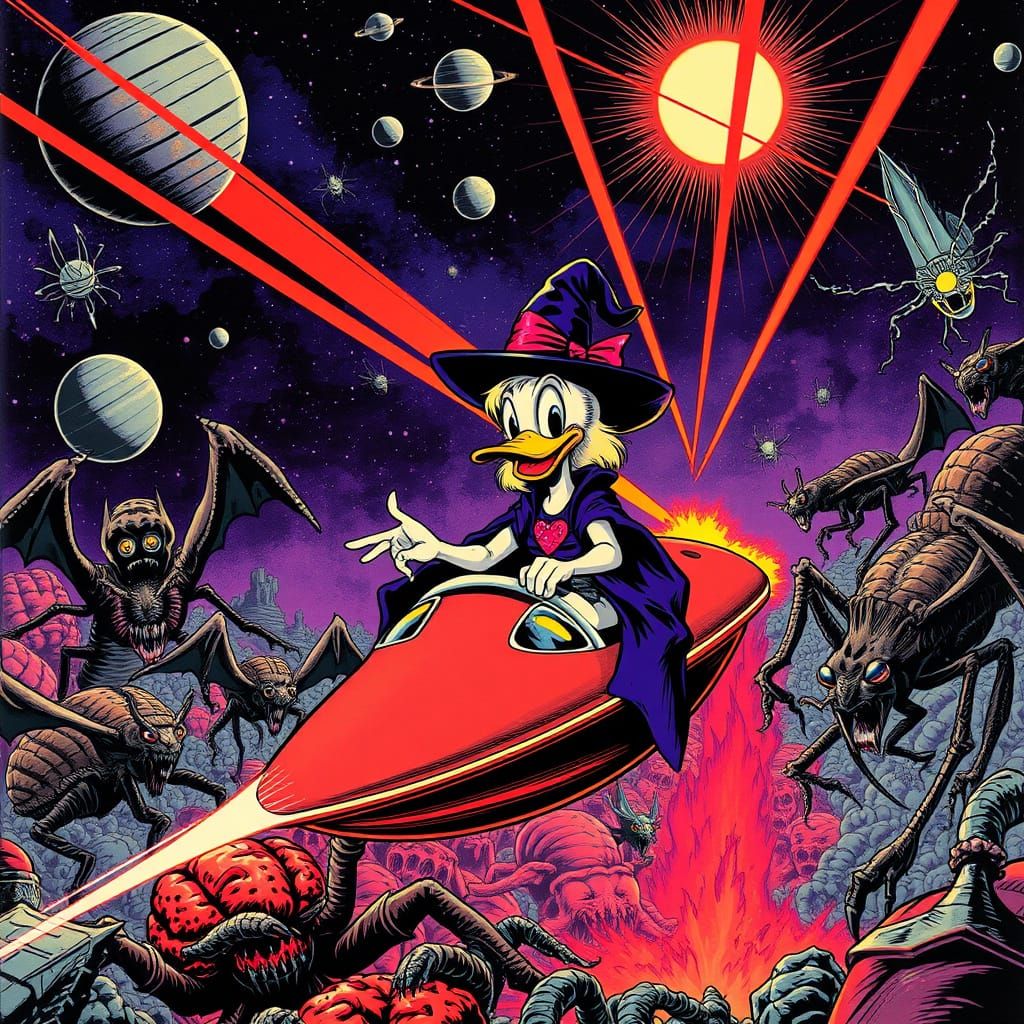 Retro Sci-Fi Witch Duck in Cosmic Dreamscape