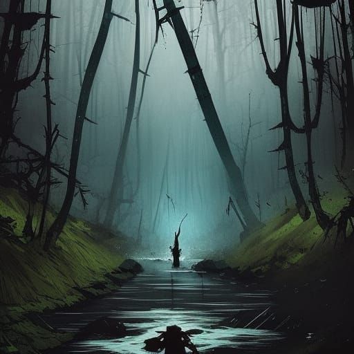 Ominous Black River Castle: High Fantasy Concept Art