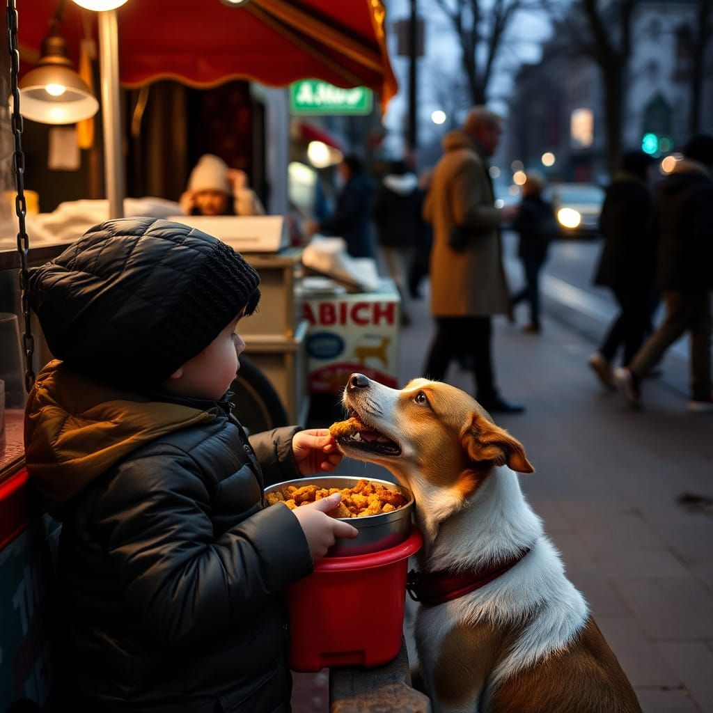 Child Feeds Stray Dog Winter City Streets