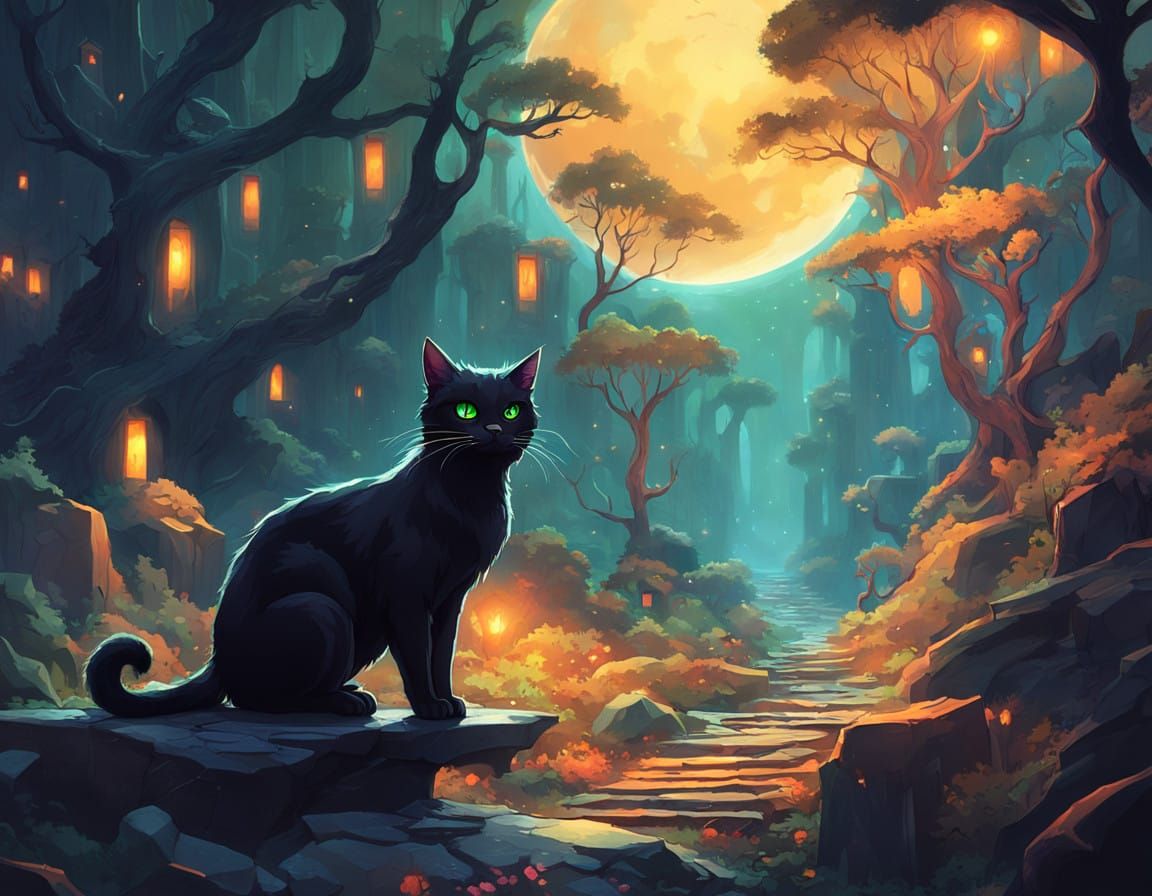 Ethereal Black Cat Prowls Moonlit Realm