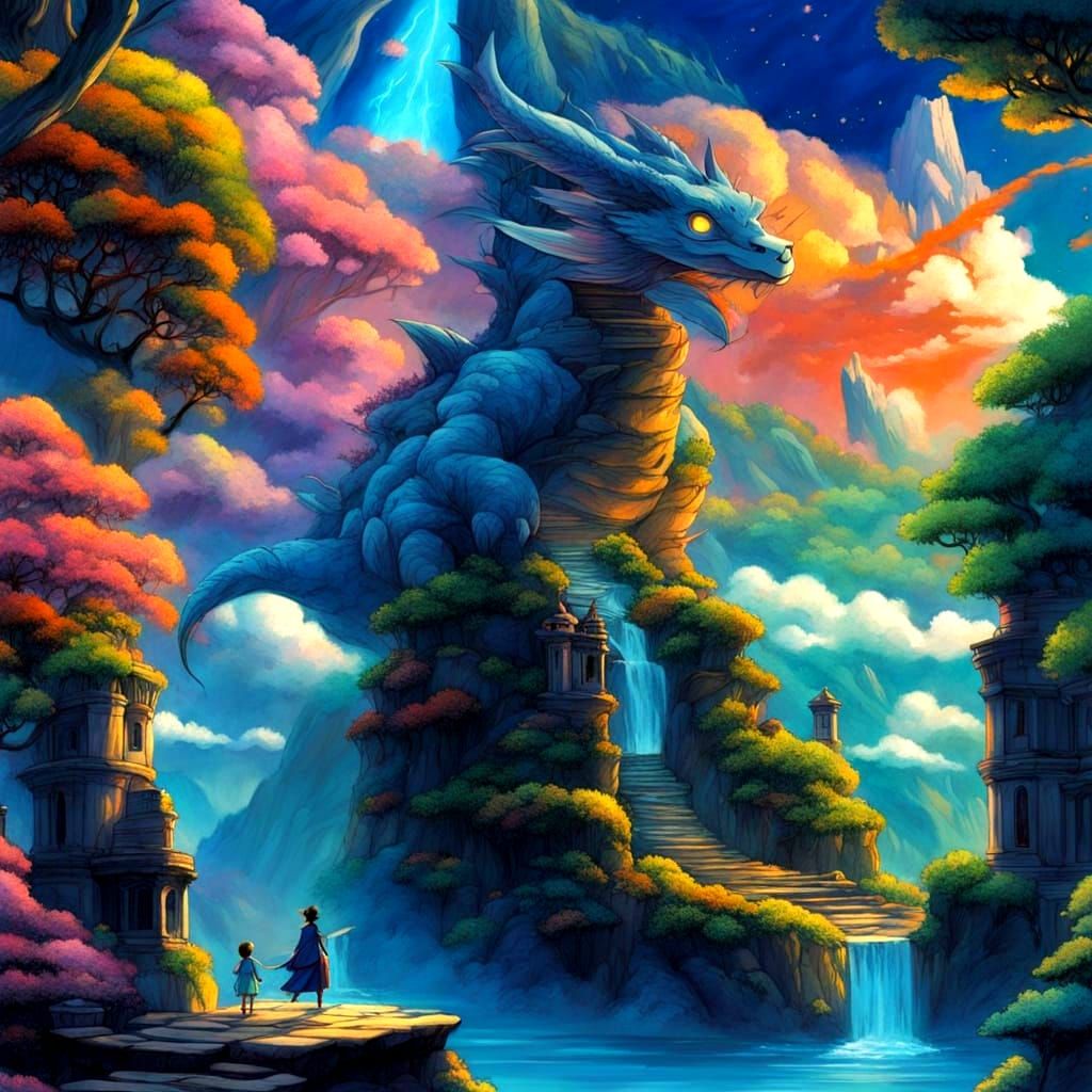 Floating Jungle Islands with Ancient Ruins and Light Waterfa...